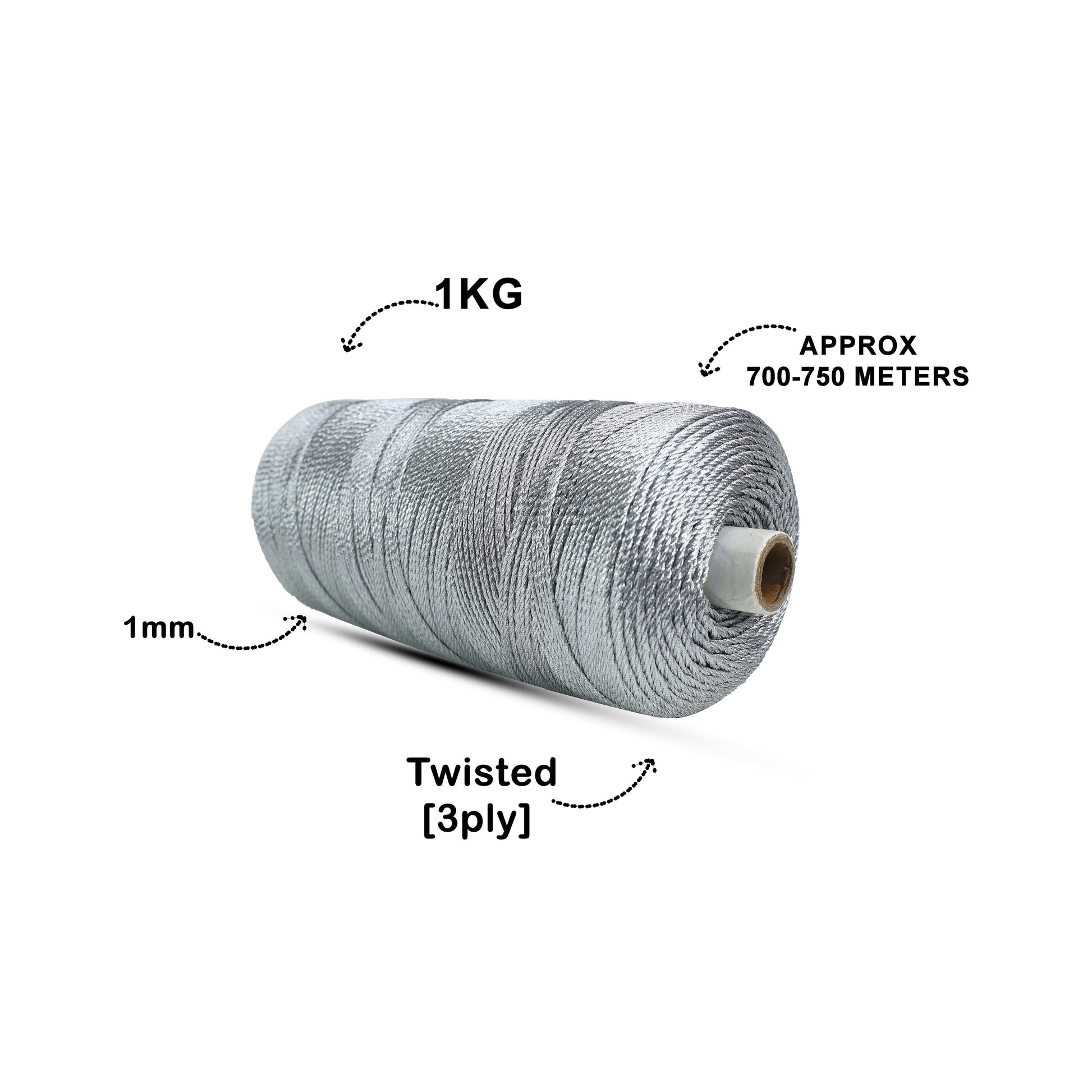 1mm Twisted 3ply Metallic / Zari Cords | Silver | Approx 750 - 800 Metres | 1kg Spool