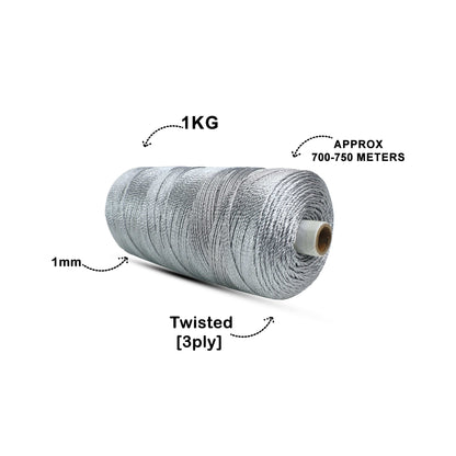 1mm Twisted 3ply Metallic / Zari Cords | Silver | Approx 750 - 800 Metres | 1kg Spool
