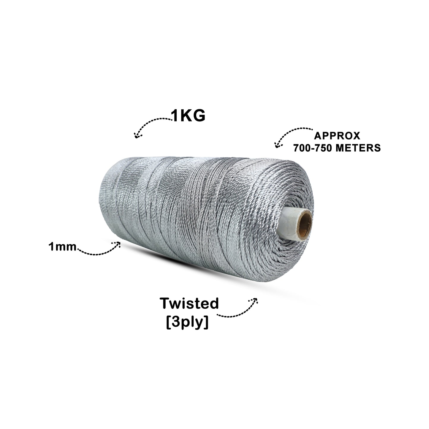 1mm Twisted 3ply Zari Cords | Silver | Approx 750 - 800 Metres | 1kg Spool