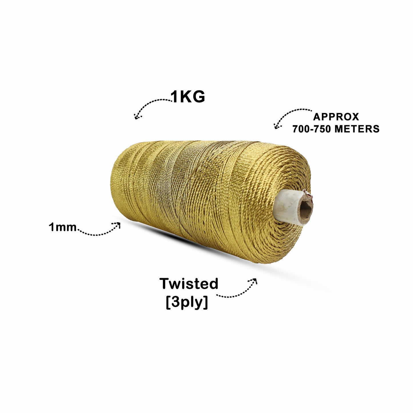 1mm Twisted 3ply Zari Cords | Golden | Approx 750 - 800 Metres | 1kg Spool